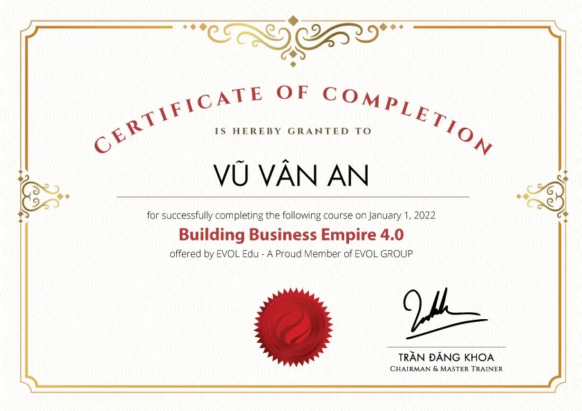 Certificate – Building Business Empire 4.0 Bằng chứng nhận khóa học Building Business Empire 4.0